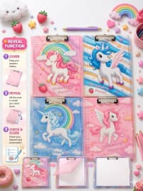 Unicorn Theme Exam Board With Reveal Cover | Clipboard For Exams, Writing & Study | Assorted Designs | For School Kids