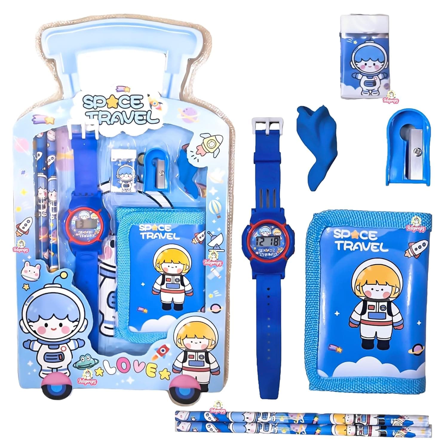 Space Travel Kids Gift Set With Digital Watch, Trolley Pencil Box, Wallet, Pencils, Eraser & Sharpener | Birthday Return Gift Combo