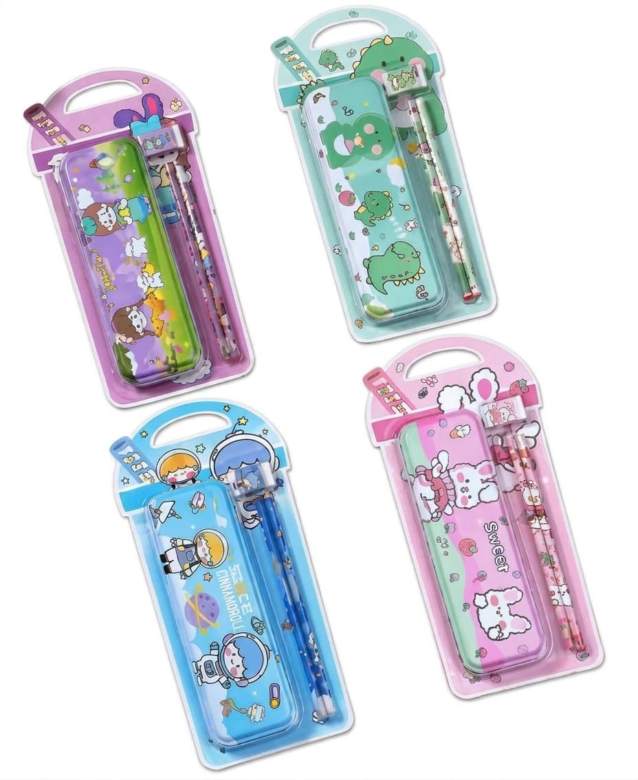 Pencil Box Gift Set With 2 Pencils & Eraser | Cute Cartoon Design Stationery Set For Kids | Return Gift | Design As Per Stock