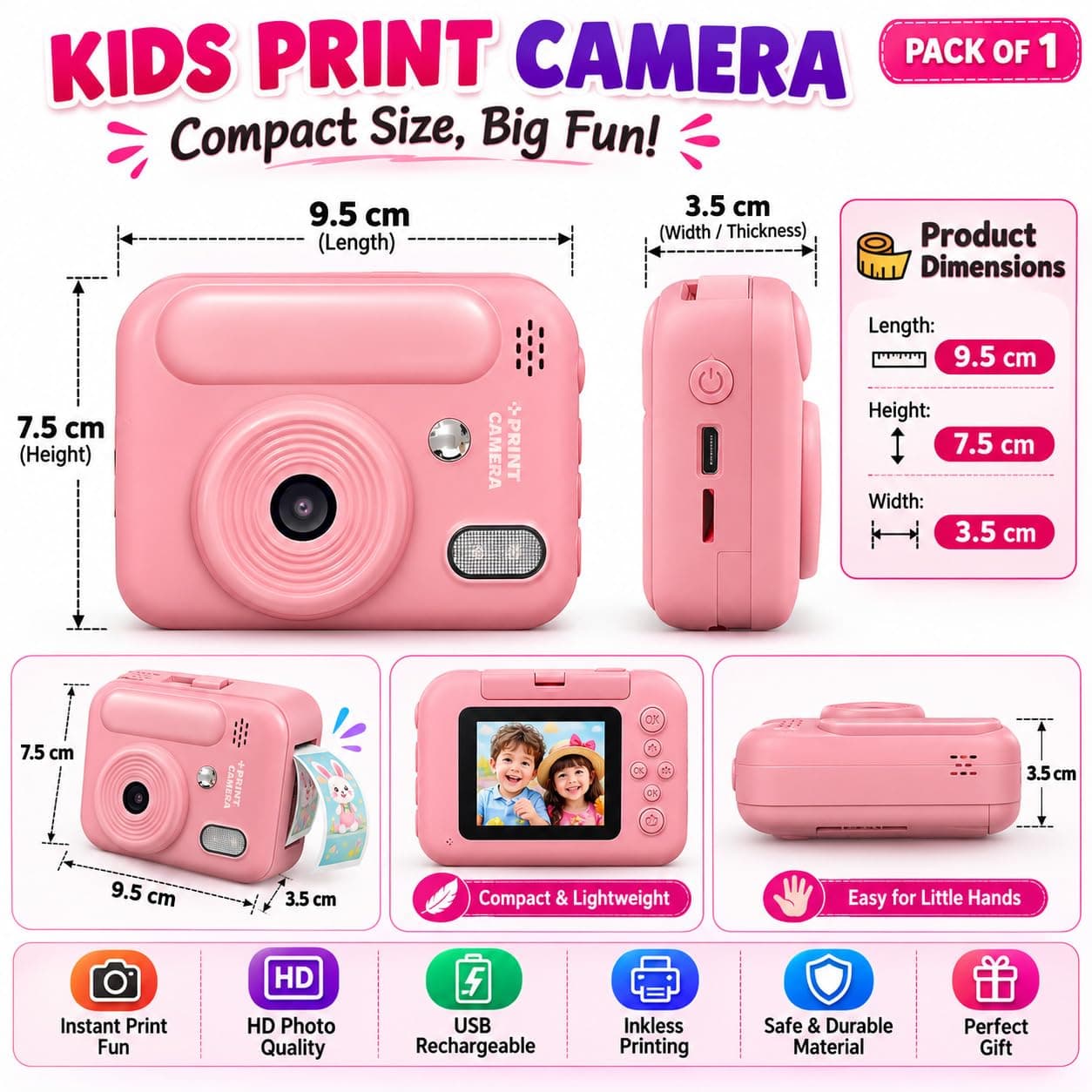 Kids Digital Mini Camera With Instant Colour Print | HD Photo & Video Camera With Print Paper Rolls | 5 Colours, Color As Per Stock — view 4