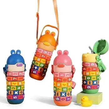 Kids Steel Water Bottle With Number Learning Dials, Straw Lid & Shoulder Strap | Maths Learning Sipper Bottle | Color As Per Stock | 1 Pcs