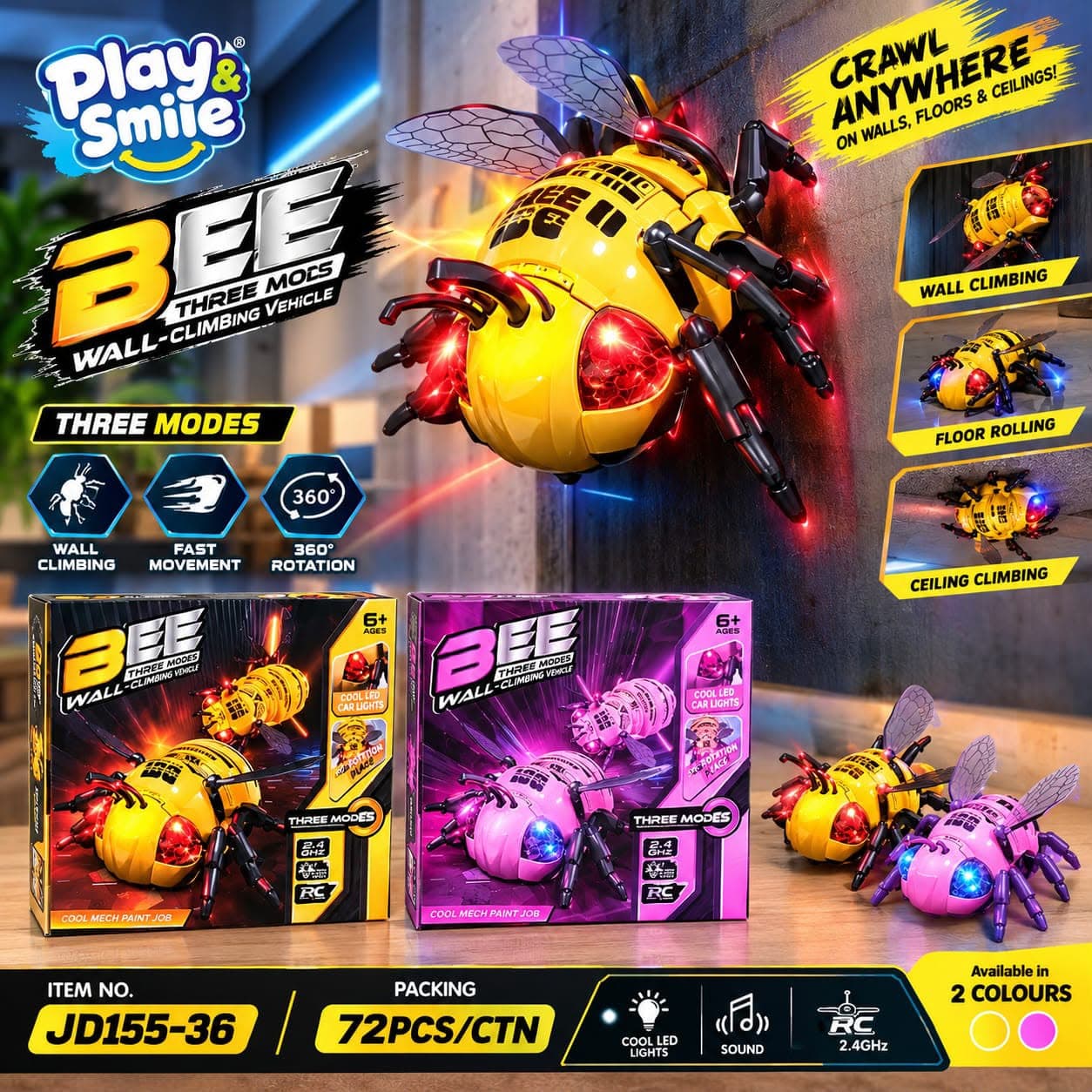 Bee Wall Climbing RC Vehicle With Cool LED Lights & Sound | 3 Modes Remote Control Toy | Walls, Floors & Ceilings | Ages 6+ | Color As Per Stock — view 3