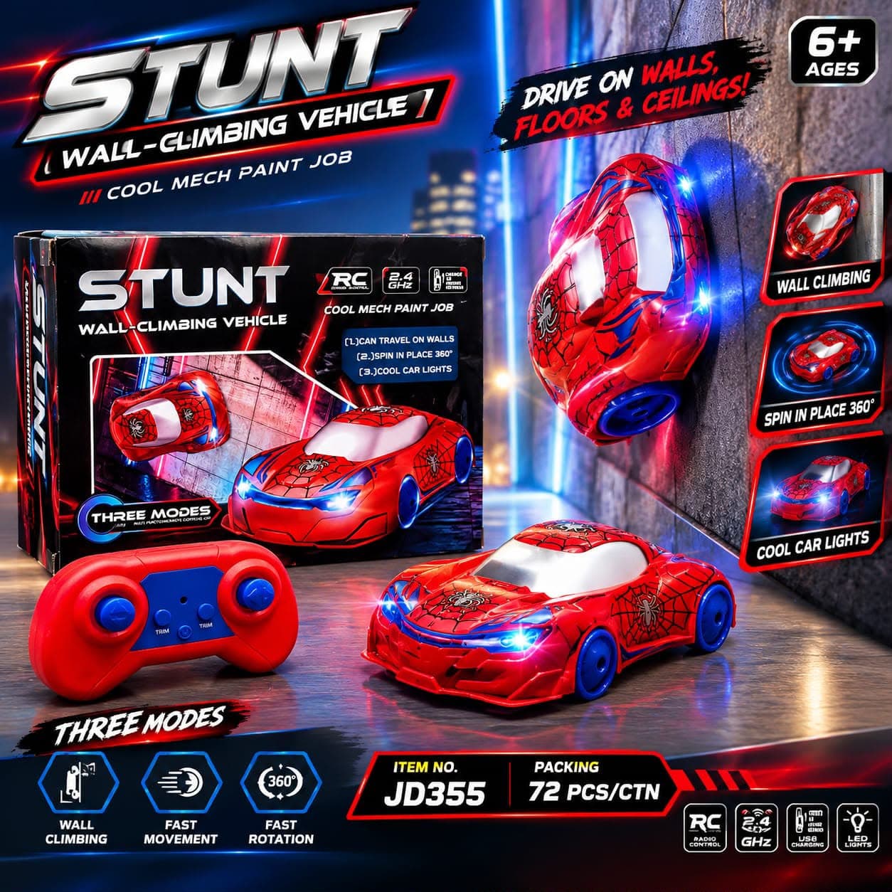 Spiderman Stunt Wall Climbing RC Car With LED Lights | 3 Modes 2.4GHz Remote Control Car | Drives On Walls, Floors & Ceilings | Ages 6+ — view 3