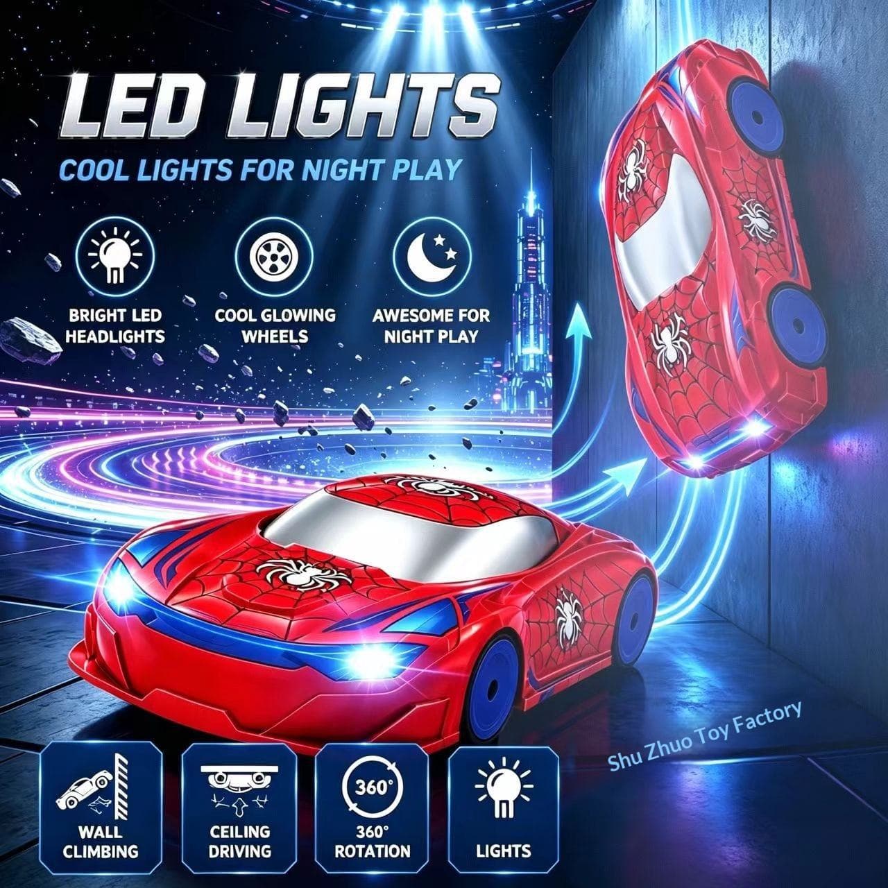 Spiderman Stunt Wall Climbing RC Car With LED Lights | 3 Modes 2.4GHz Remote Control Car | Drives On Walls, Floors & Ceilings | Ages 6+ — view 4