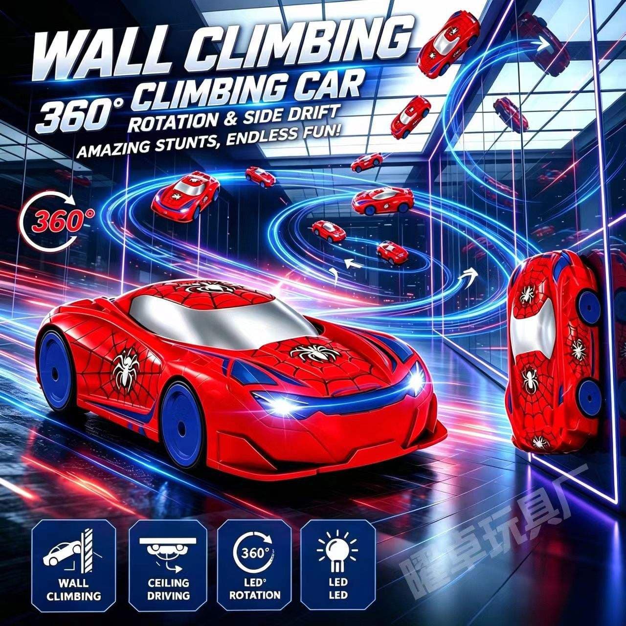 Spiderman Stunt Wall Climbing RC Car With LED Lights | 3 Modes 2.4GHz Remote Control Car | Drives On Walls, Floors & Ceilings | Ages 6+ — view 5