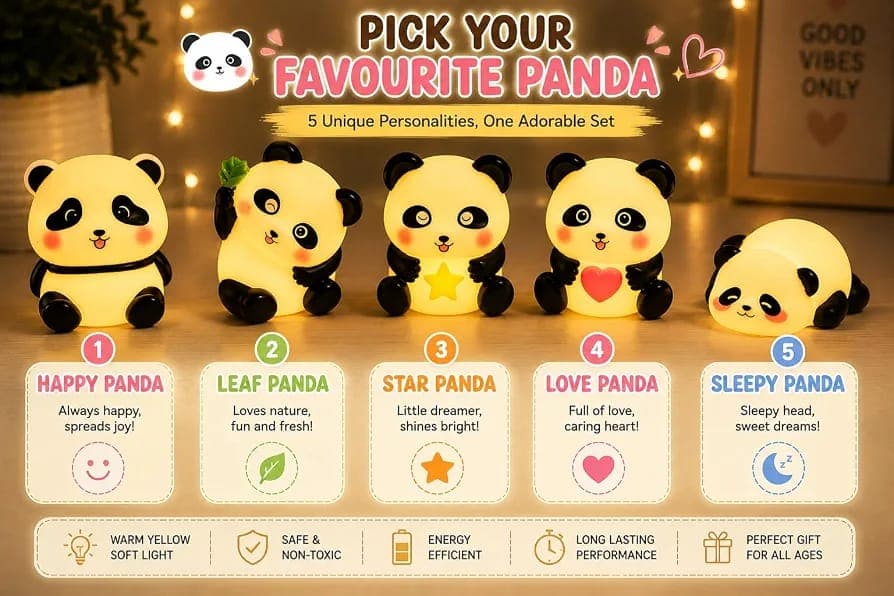 Cute Panda Night Lamp With Warm Yellow Soft Light | 5 Panda Styles Assorted Kids Room Light & Gift | Random Design — view 3