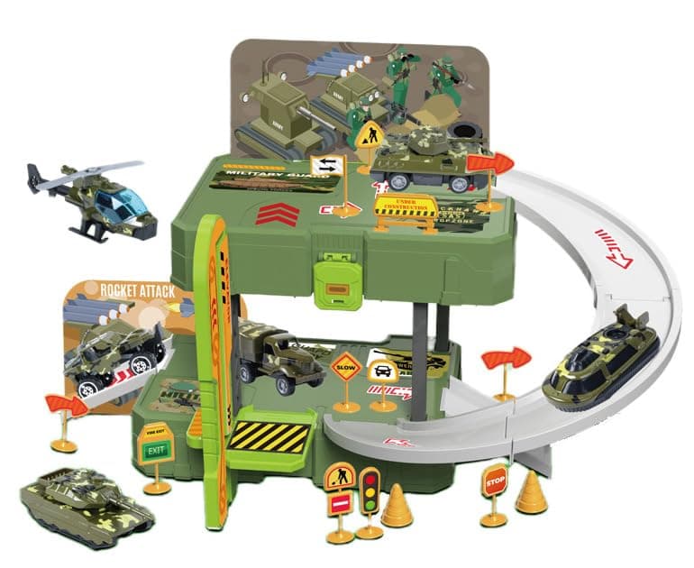 Military Rail Suitcase Playset 31 Pcs With Alloy Tank, Helicopter & Road Signs | Carry Case Track Set | Ages 3+ — view 2