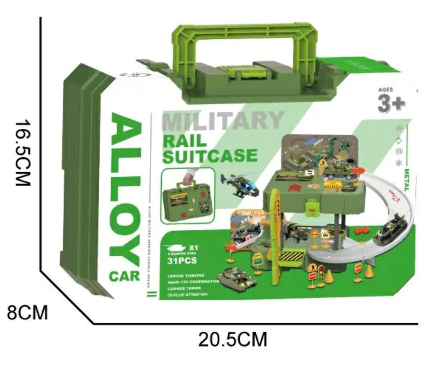 Military Rail Suitcase Playset 31 Pcs With Alloy Tank, Helicopter & Road Signs | Carry Case Track Set | Ages 3+ — view 3