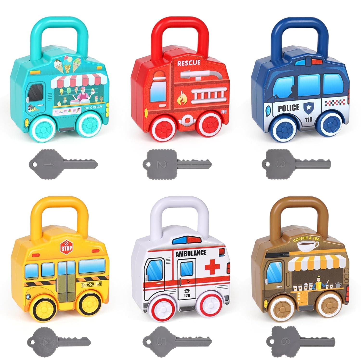 Montessori Learning Key & Lock Car Set 6 Pcs | Match Numbers & Unlock Vehicle Padlocks | Fine Motor Skill Toy For Toddlers