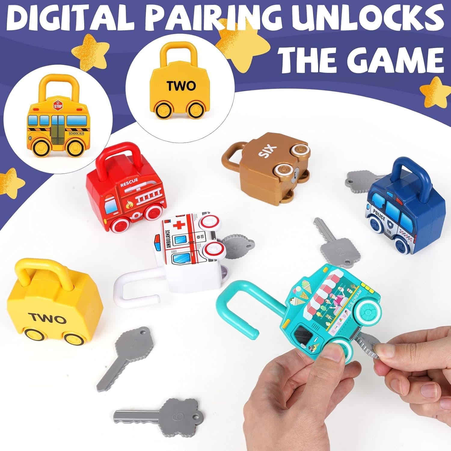 Montessori Learning Key & Lock Car Set 6 Pcs | Match Numbers & Unlock Vehicle Padlocks | Fine Motor Skill Toy For Toddlers — view 2