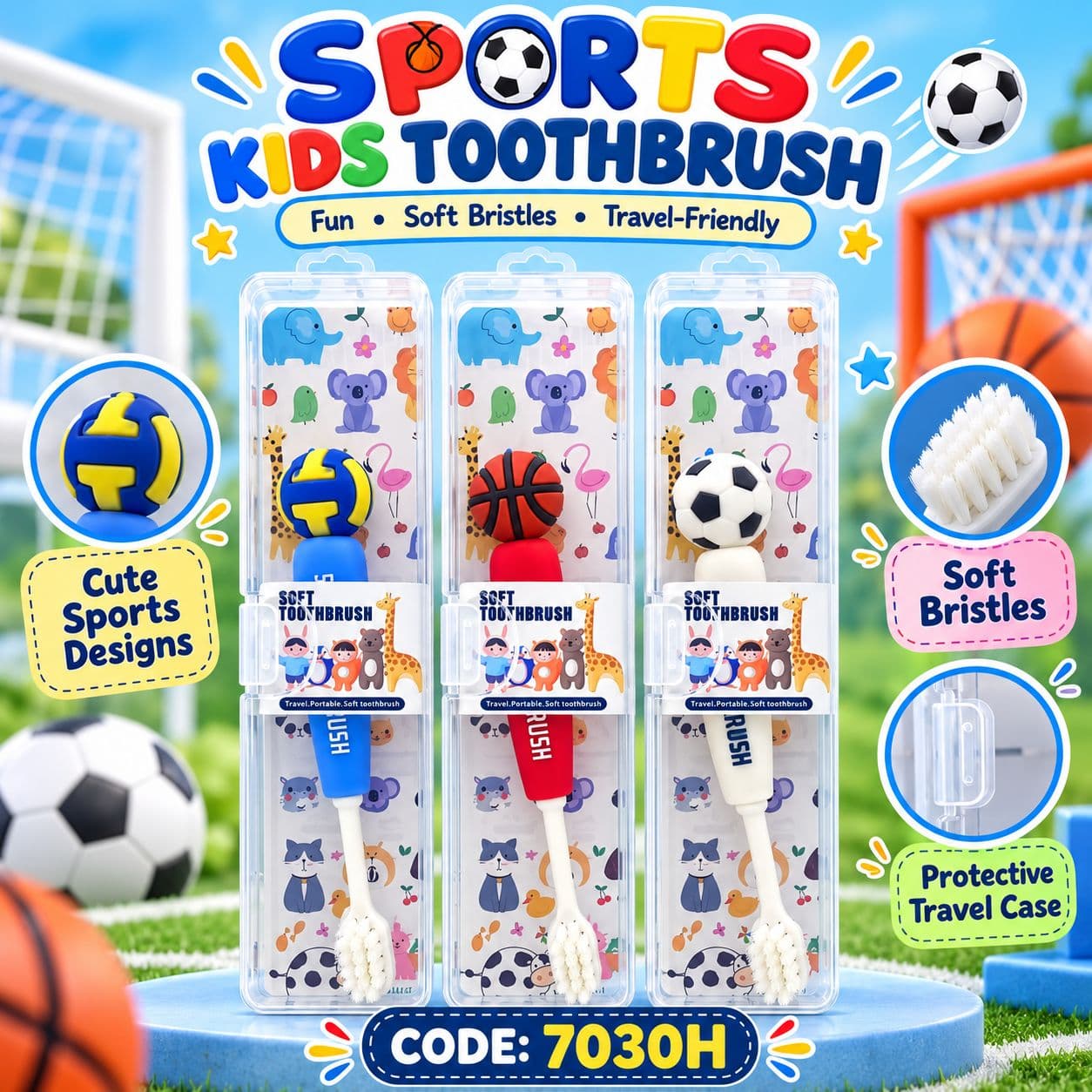 Football Kids Toothbrush | Fun Sports Character Toothbrush for Boys & Girls | Cute Football Design, Stable Base & Soft Bristles | Attractive Kids Dental Care Toothbrush (Pack of 2)