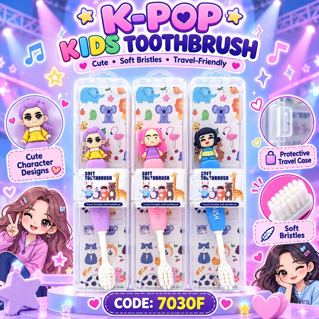 K-Pop Kids Toothbrush | Fun Cartoon Character Toothbrush for Boys & Girls | Cute K-Pop Design, Stable Base & Soft Bristles | Attractive Kids Dental Care Toothbrush (Pack of 2)