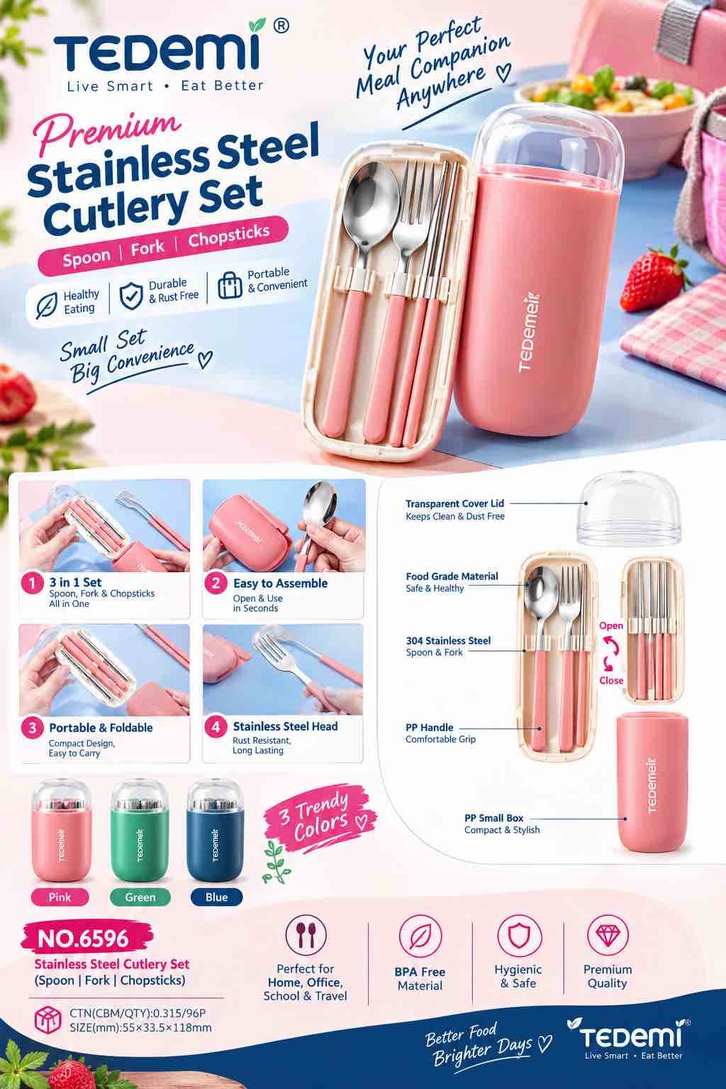 Tedemi Premium Stainless Steel Travel Cutlery Set | Spoon, Fork & Chopsticks in Portable Case | BPA Free, Rust Resistant | Color as per Stock dispatched — view 2