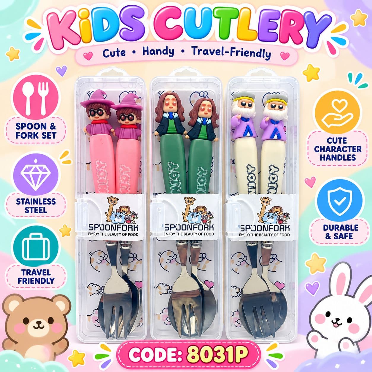 Harry Potter Stainless Steel Fork & Spoon Set for Kids with Travel Case | Cute Character Handles, Durable & Rust-Free | Color as per Stock dispatched | Pack of 3 Sets - Total 6pcs — view 2
