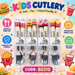 French Fries Stainless Steel Fork & Spoon Set for Kids with Travel Case | Cute Character Handles, Durable & Rust-Free | Color as per Stock dispatched | Pack of 3 Sets - Total 6pcs