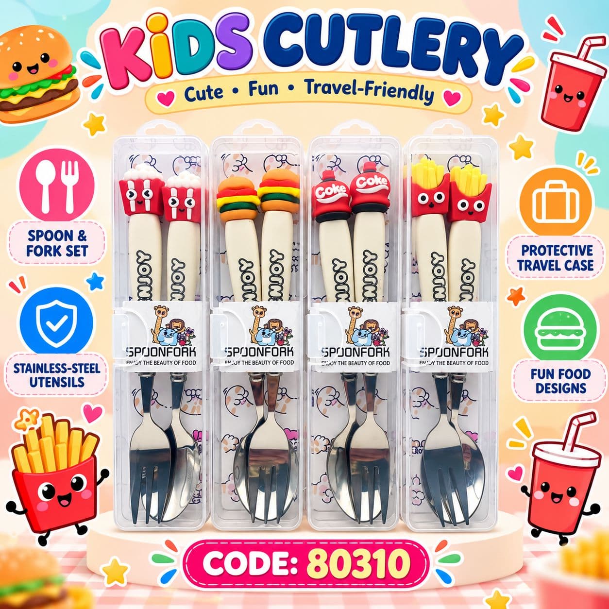 French Fries Stainless Steel Fork & Spoon Set for Kids with Travel Case | Cute Character Handles, Durable & Rust-Free | Color as per Stock dispatched | Pack of 3 Sets - Total 6pcs — view 2