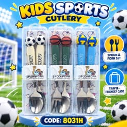 Football Stainless Steel Fork & Spoon Set for Kids with Travel Case | Cute Character Handles, Durable & Rust-Free | Color as per Stock dispatched | Pack of 3 Sets - Total 6pcs