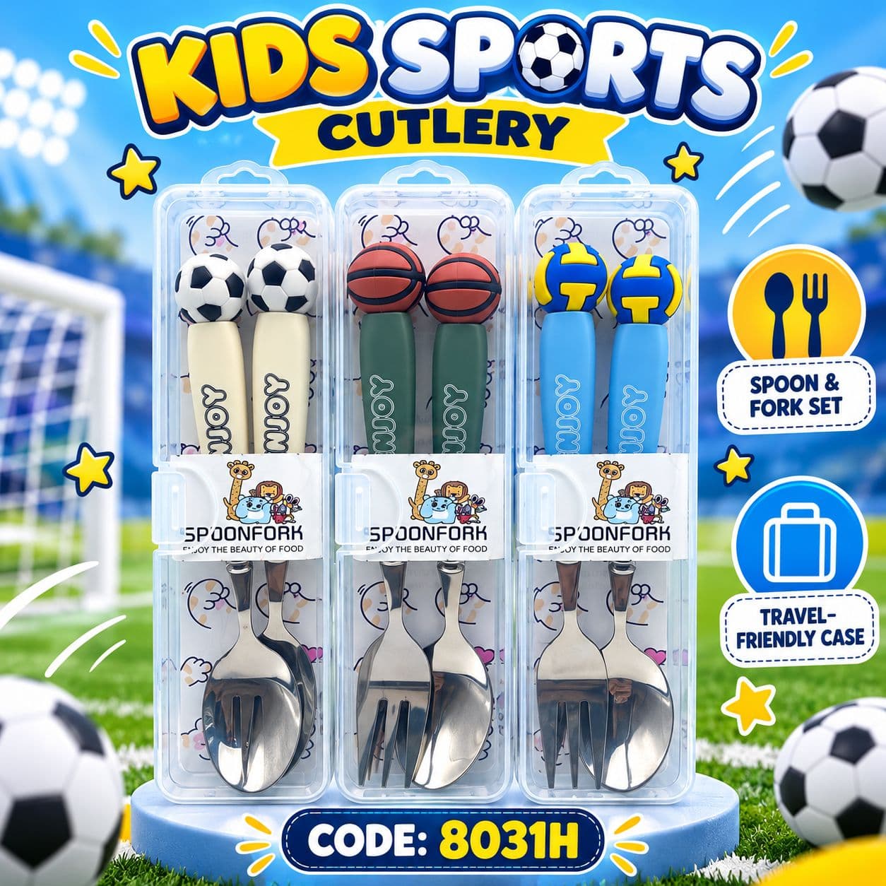 Football Stainless Steel Fork & Spoon Set for Kids with Travel Case | Cute Character Handles, Durable & Rust-Free | Color as per Stock dispatched | Pack of 3 Sets - Total 6pcs — view 2