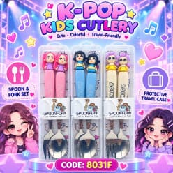 K-Pop Stainless Steel Fork & Spoon Set for Kids with Travel Case | Cute Character Handles, Durable & Rust-Free | Color as per Stock dispatched | Pack of 3 Sets - Total 6pcs