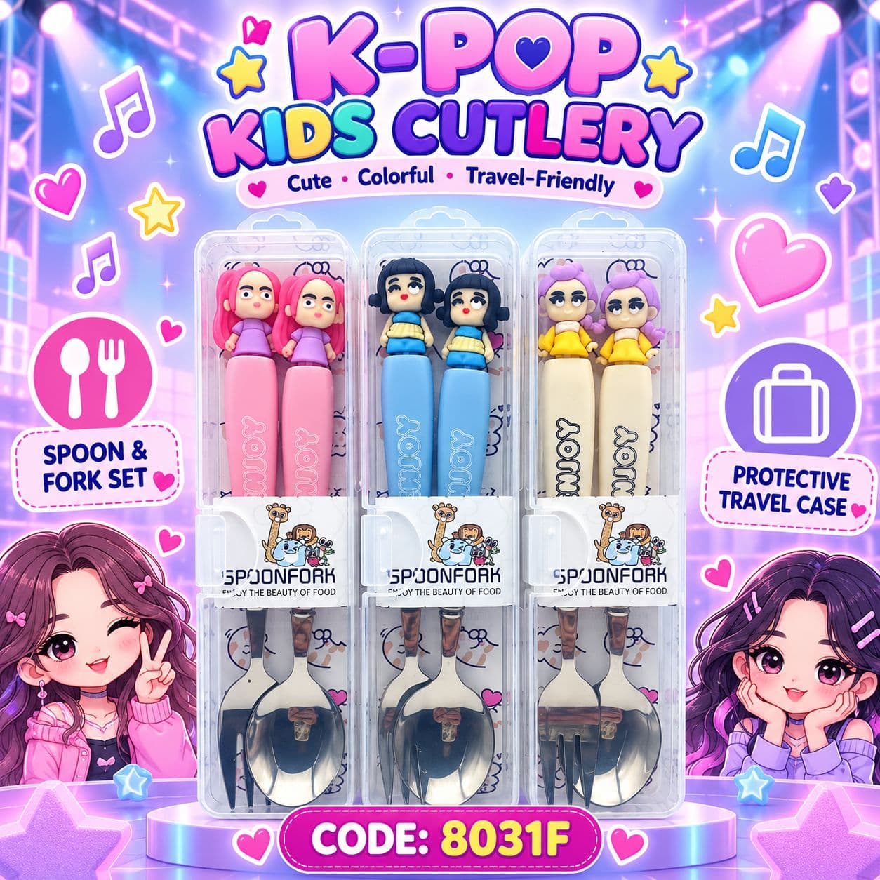 K-Pop Stainless Steel Fork & Spoon Set for Kids with Travel Case | Cute Character Handles, Durable & Rust-Free | Color as per Stock dispatched | Pack of 3 Sets - Total 6pcs — view 2