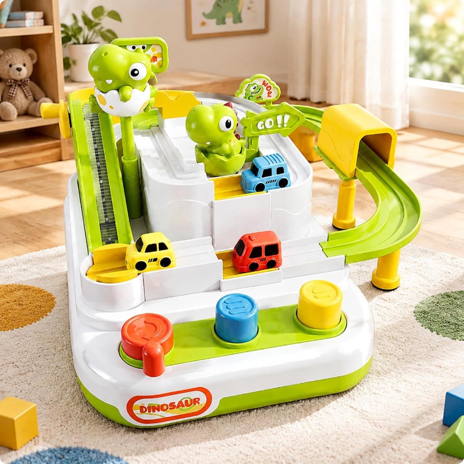 Dino Car Adventure Track Playset for Kids | Ball-Drop Race Track with 3 Toy Cars | Dinosaur Themed (Ages 3+)