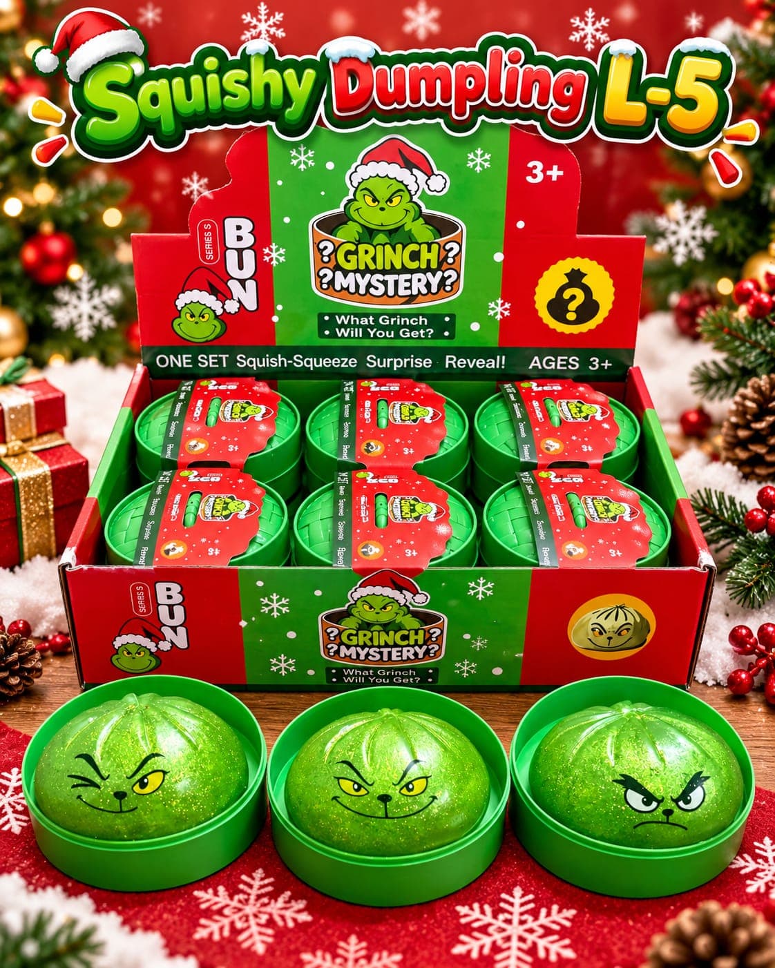 Grinch Mystery Dumpling Squishy Toy | Soft Squeeze Surprise Fidget Toy for Kids | Pack of 1 Pc
