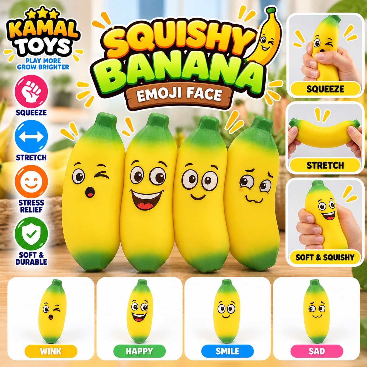 Emoji Face Banana Squishy Toy | Soft Squeeze Stress Relief Fidget Toy for Kids | Pack of 3 Pcs