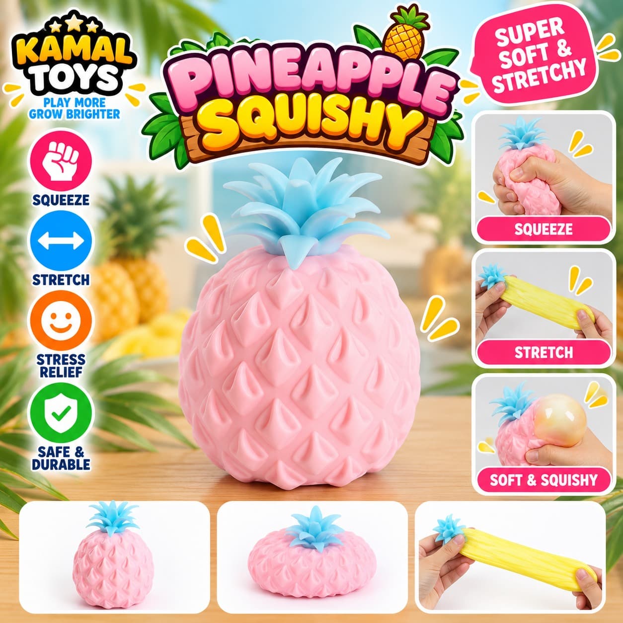 Pineapple Squishy Toy | Soft Fruit Squeeze Stress Relief Fidget Toy for Kids | Pack of 3 Pcs
