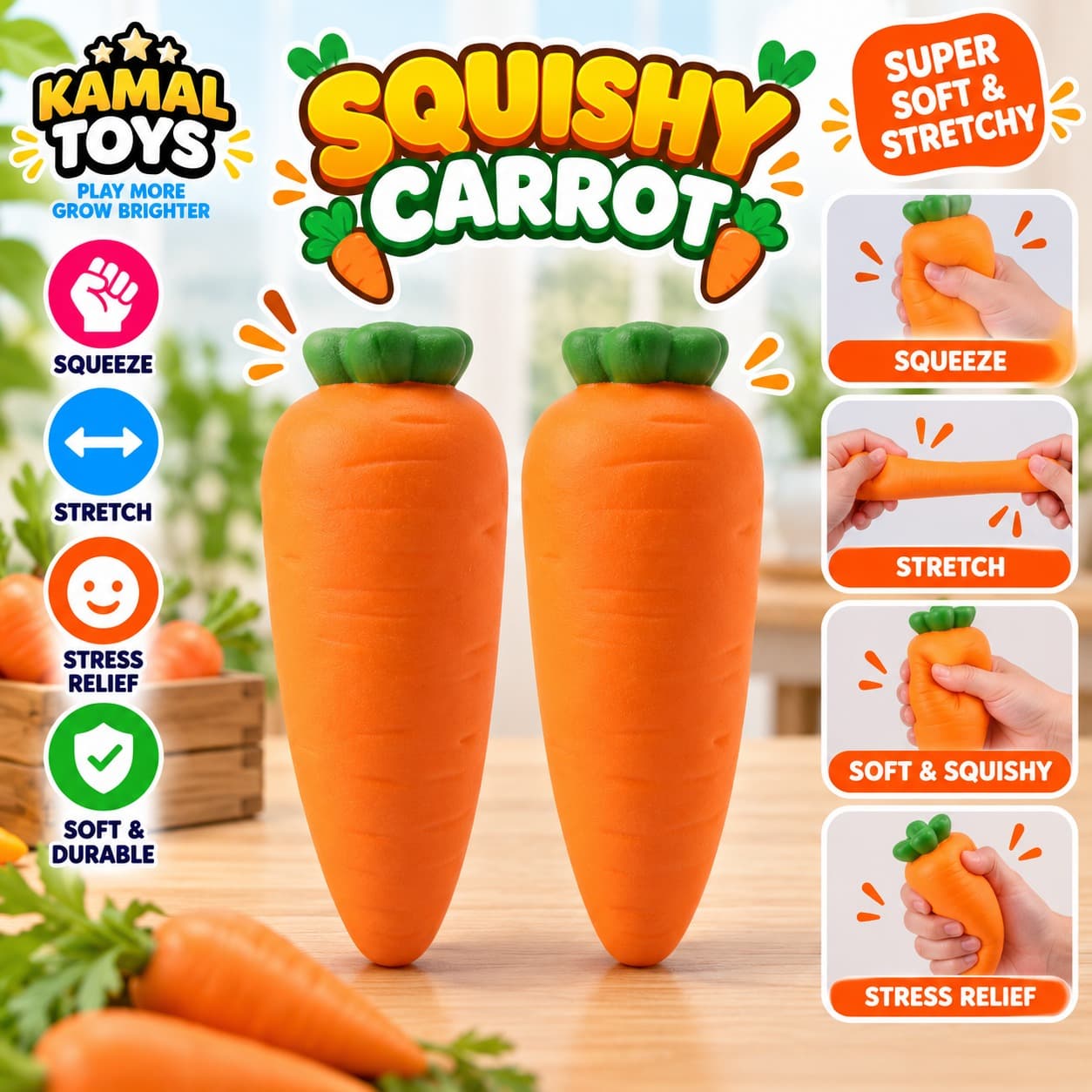 Carrot Squishy Toy | Soft Squeeze Stress Relief Fidget Toy for Kids | Pack of 3 Pcs