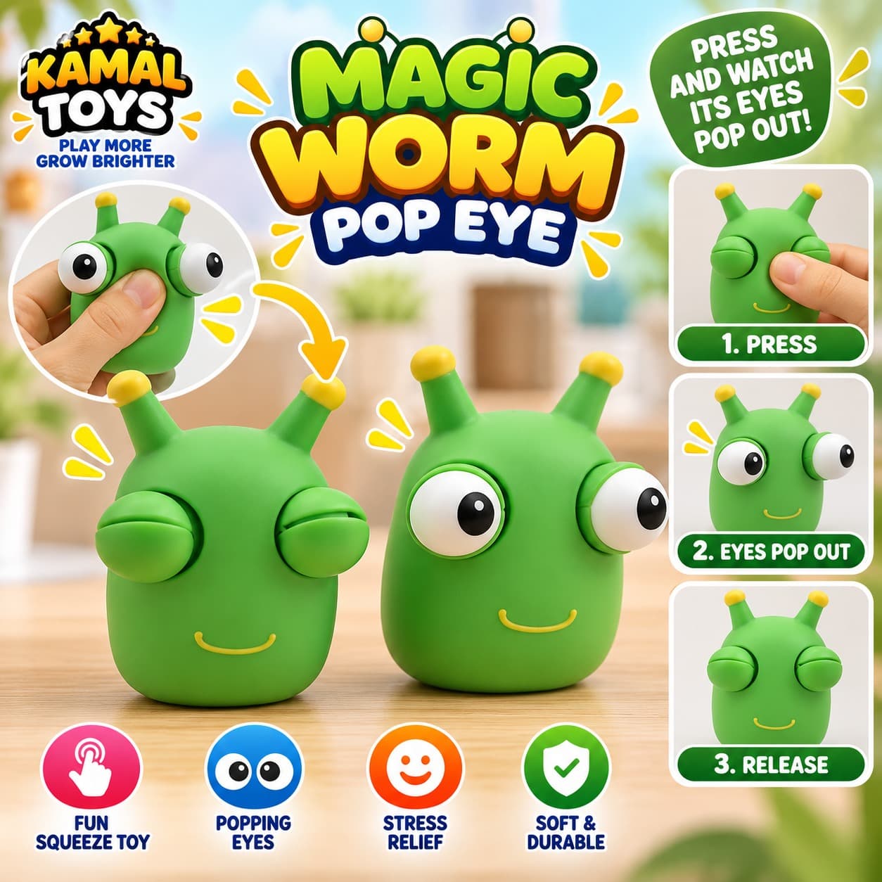 Pop-Eye Worm Squishy Toy | Eyes Pop Out Soft Squeeze Fidget Toy for Kids | Pack of 3 Pcs
