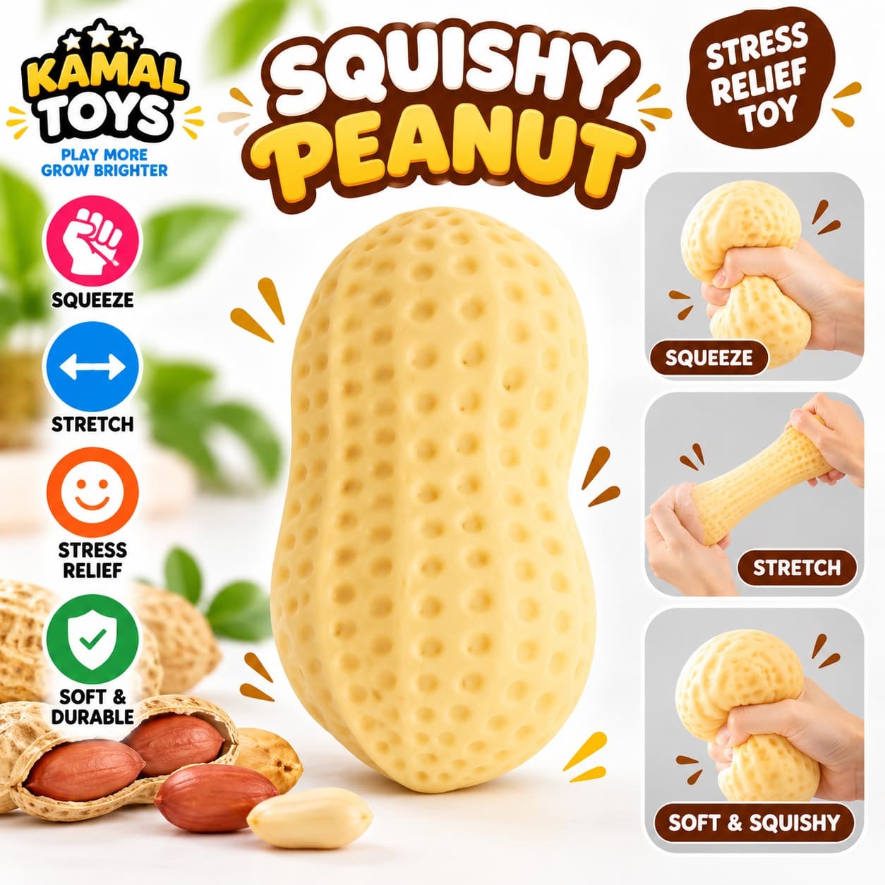 Squishy Peanut Toy | Soft Squeeze Stress Relief Fidget Toy for Kids | Pack of 3 Pcs
