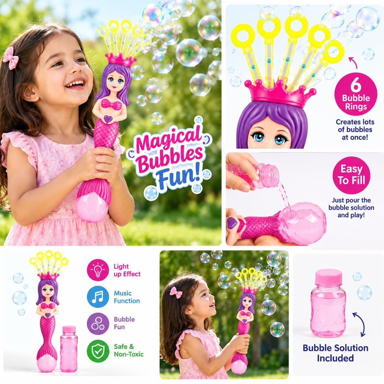 Mermaid Bubble Wand Toy for Kids | Light-Up Automatic Bubble Machine Wand | Ages 3+ — view 4