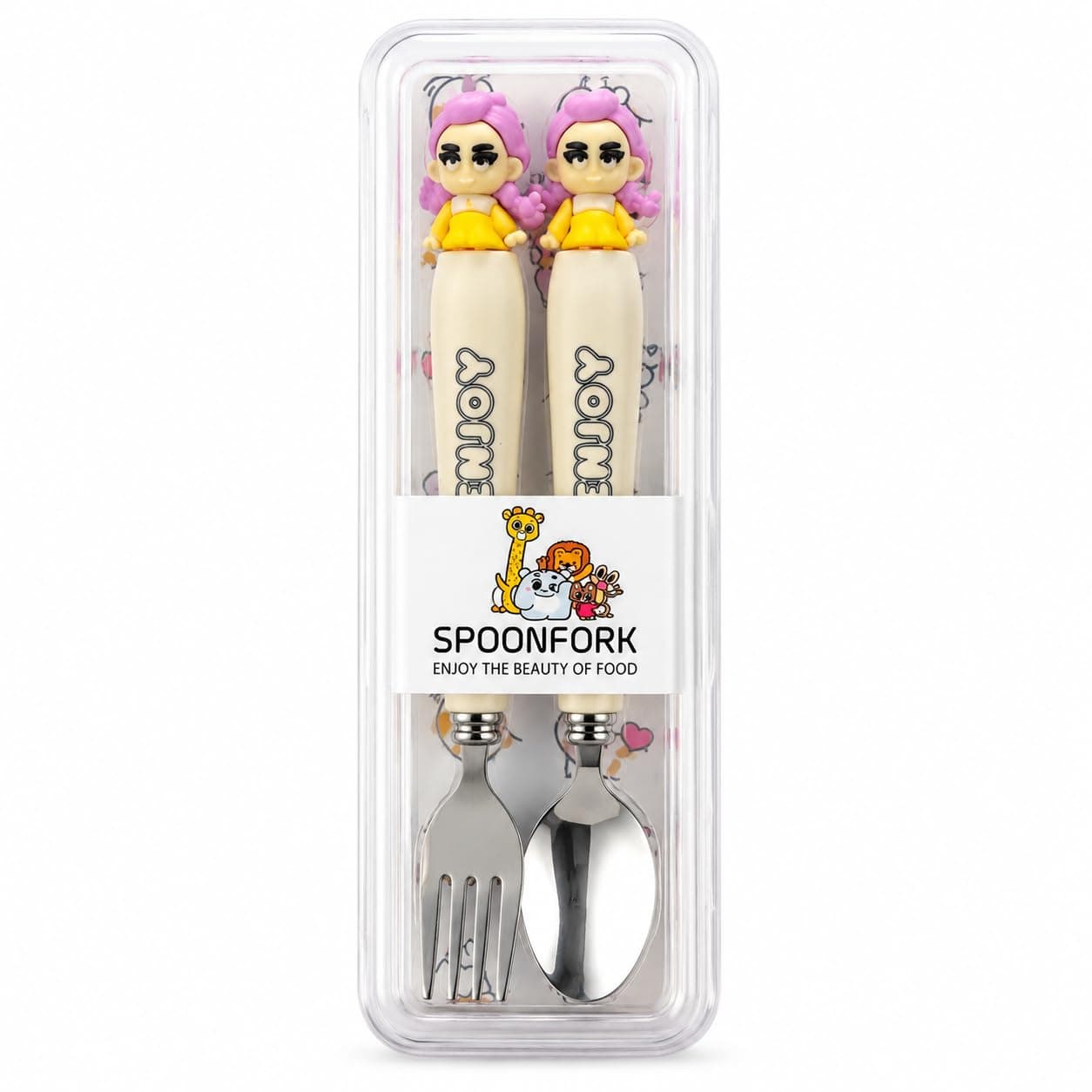 K-Pop Stainless Steel Fork & Spoon Set for Kids with Travel Case | Cute Character Handles, Durable & Rust-Free | Color as per Stock dispatched | Pack of 3 Sets - Total 6pcs