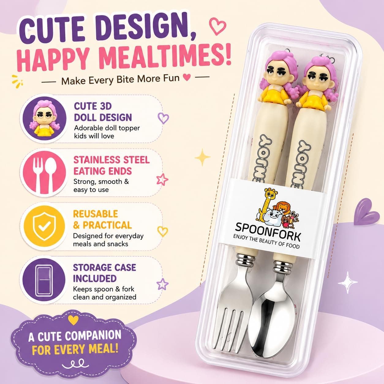 K-Pop Stainless Steel Fork & Spoon Set for Kids with Travel Case | Cute Character Handles, Durable & Rust-Free | Color as per Stock dispatched | Pack of 3 Sets - Total 6pcs — view 3