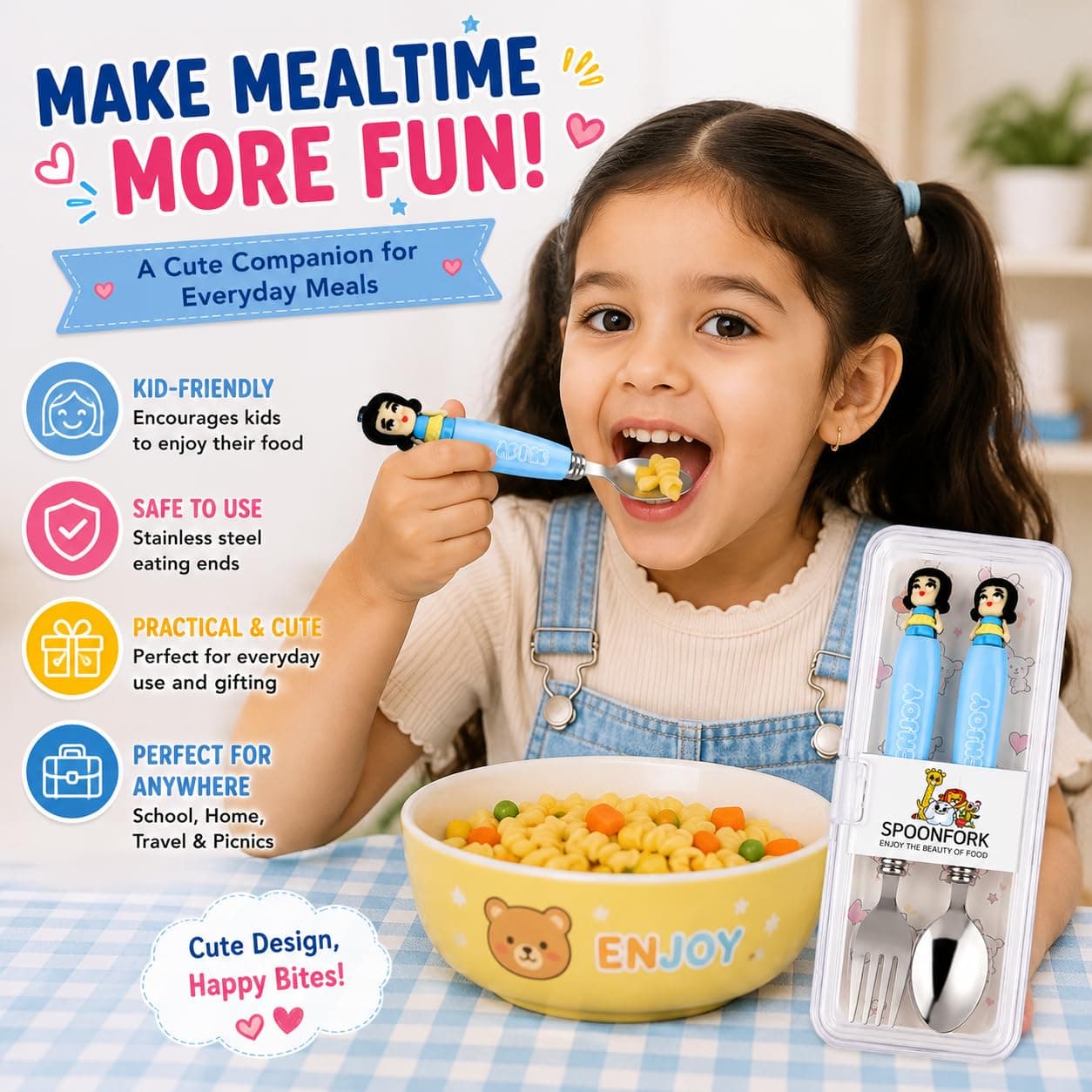 K-Pop Stainless Steel Fork & Spoon Set for Kids with Travel Case | Cute Character Handles, Durable & Rust-Free | Color as per Stock dispatched | Pack of 3 Sets - Total 6pcs — view 5
