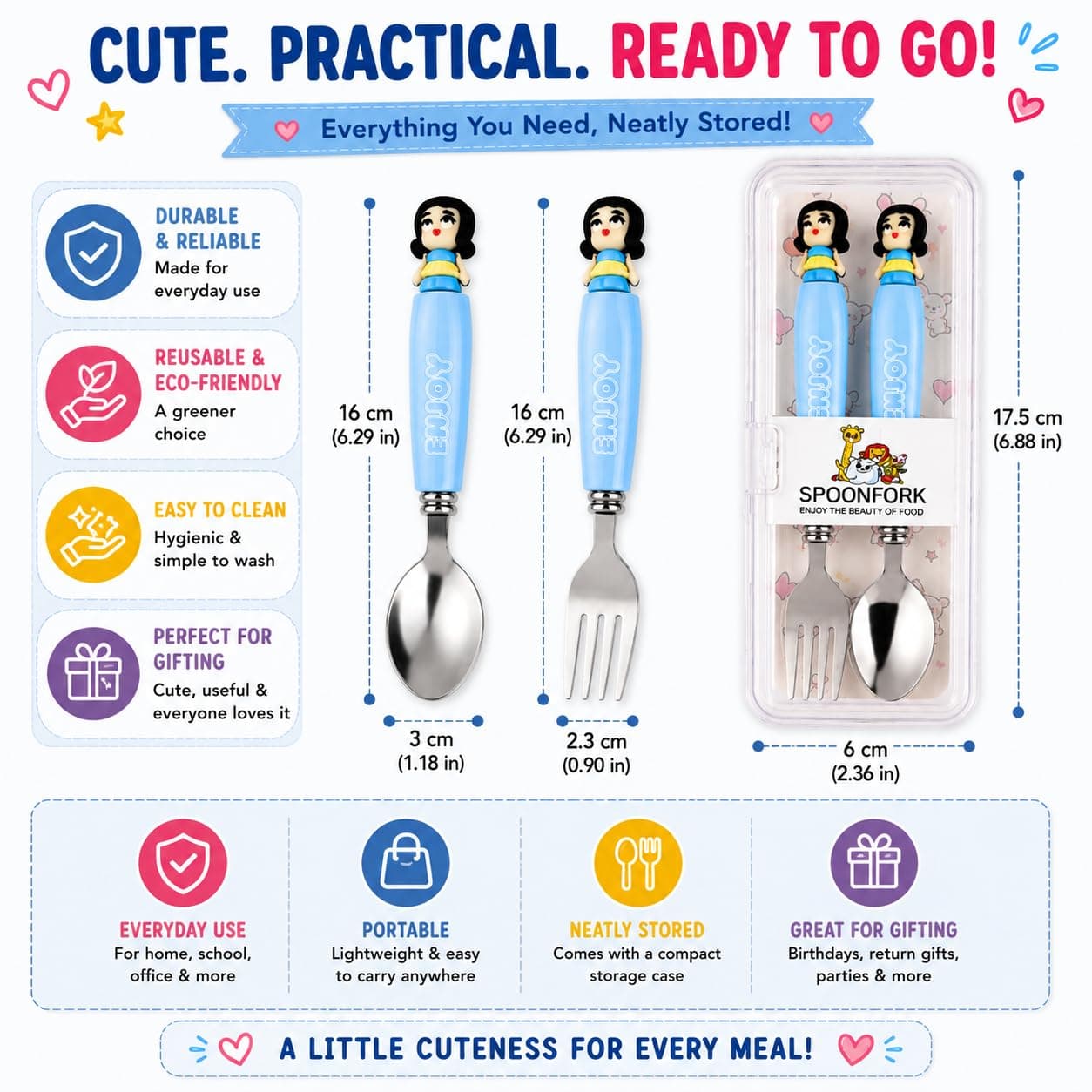 K-Pop Stainless Steel Fork & Spoon Set for Kids with Travel Case | Cute Character Handles, Durable & Rust-Free | Color as per Stock dispatched | Pack of 3 Sets - Total 6pcs — view 6