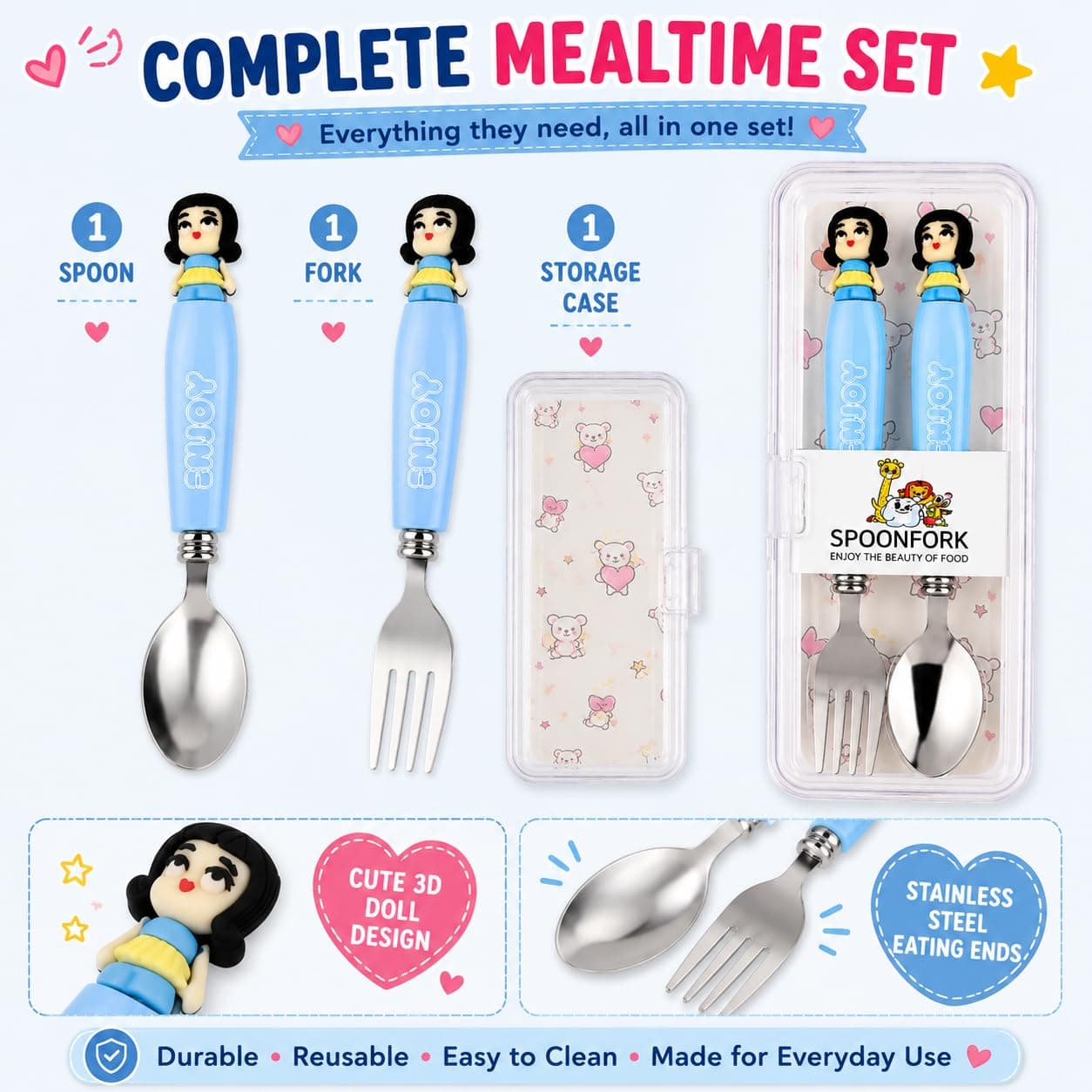 K-Pop Stainless Steel Fork & Spoon Set for Kids with Travel Case | Cute Character Handles, Durable & Rust-Free | Color as per Stock dispatched | Pack of 3 Sets - Total 6pcs — view 7