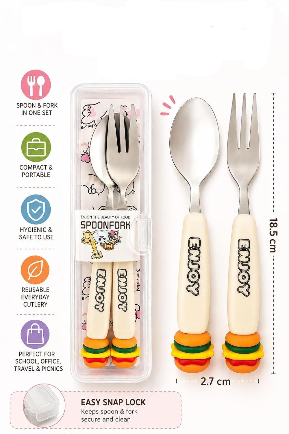 French Fries Stainless Steel Fork & Spoon Set for Kids with Travel Case | Cute Character Handles, Durable & Rust-Free | Color as per Stock dispatched | Pack of 3 Sets - Total 6pcs