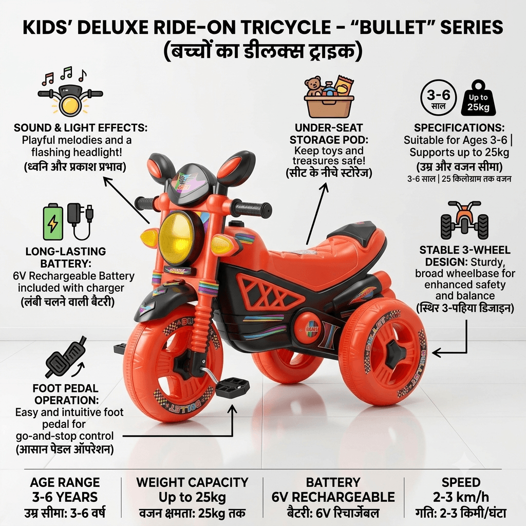 Kids Deluxe Electric Ride-On Tricycle Motorcycle – Bullet Series with 6V Rechargeable Battery, Music & Light Effects, Foot Pedal Operation and Under-Seat Storage, Red-Orange, for Kids Ages 3–6 Years — view 2