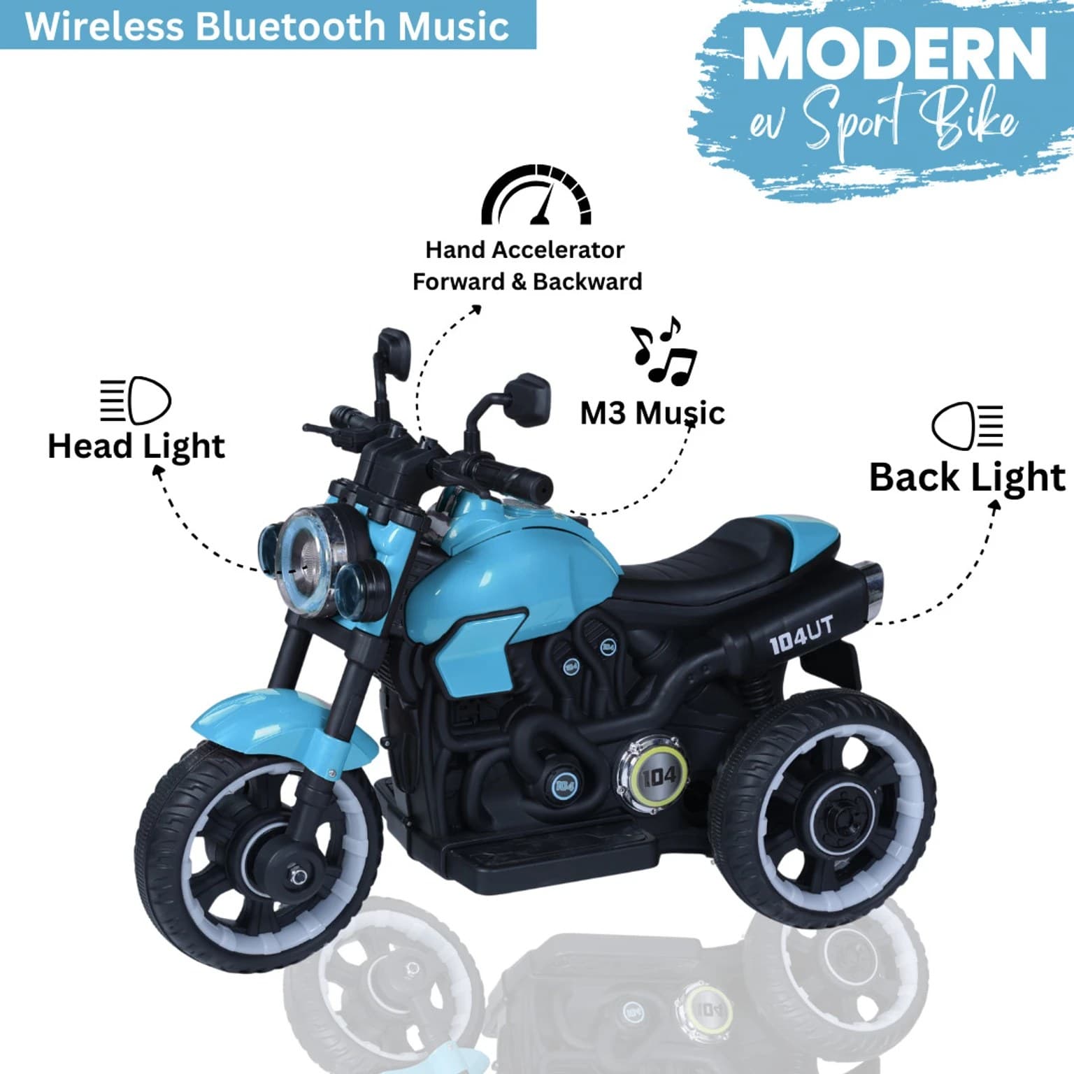 Blue Kids Electric Ride-On Sport Motorcycle with Bluetooth Music, Front Headlight, Rear Light, Hand Accelerator, Forward & Reverse Function, and 3-Wheel Design for Kids — view 3