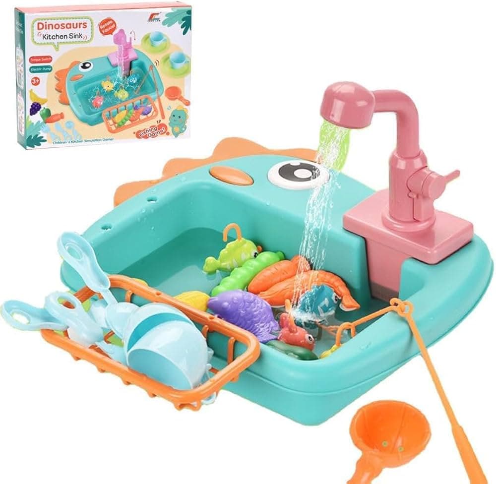 Dinosaur Kitchen Sink Pretend Play Set for Kids | Water Pump Action with Utensils & Dishes | Ages 3+