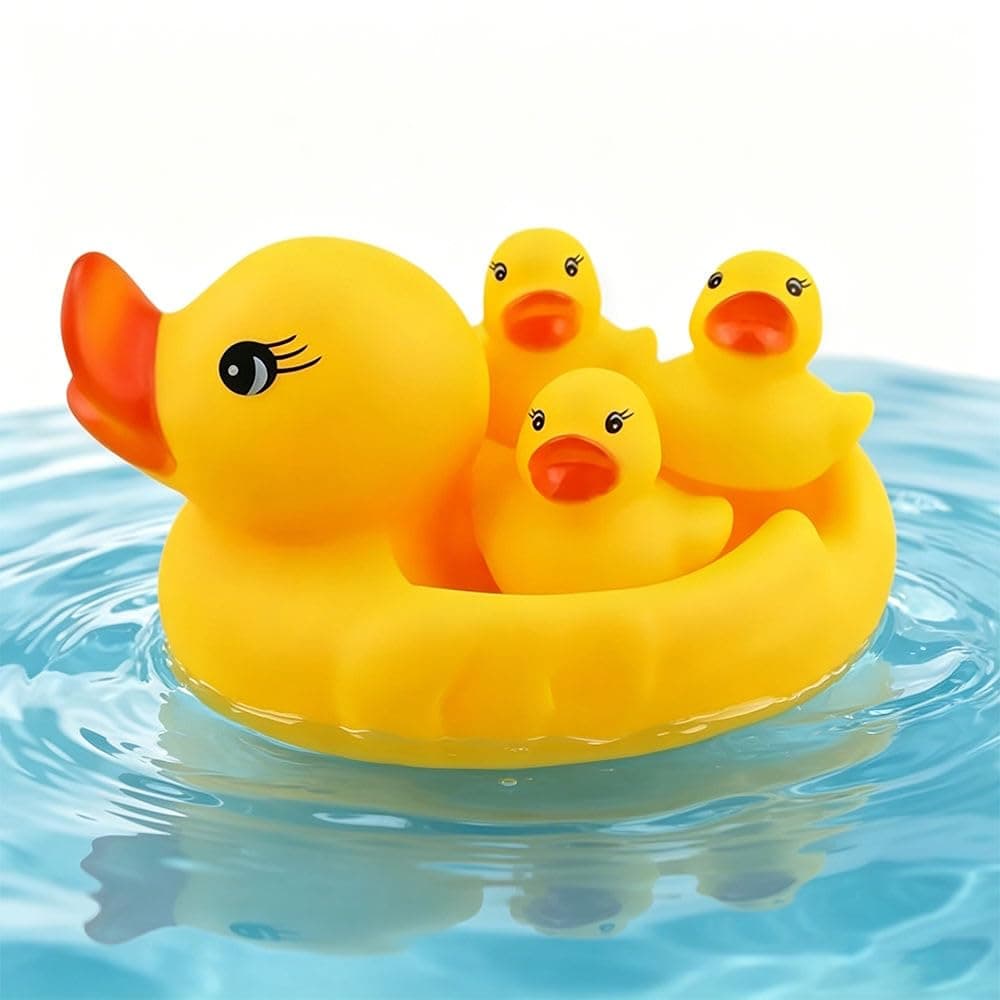 Kidoyz Chu Chu Duck Bath Toy Set for Kids | Floating Rubber Duck Family with Squeeze & Sound | BPA Free Safe Water Play Toy for Baby & Toddlers | Pack of 4 (1 Duck + 3 Ducklings) Yellow