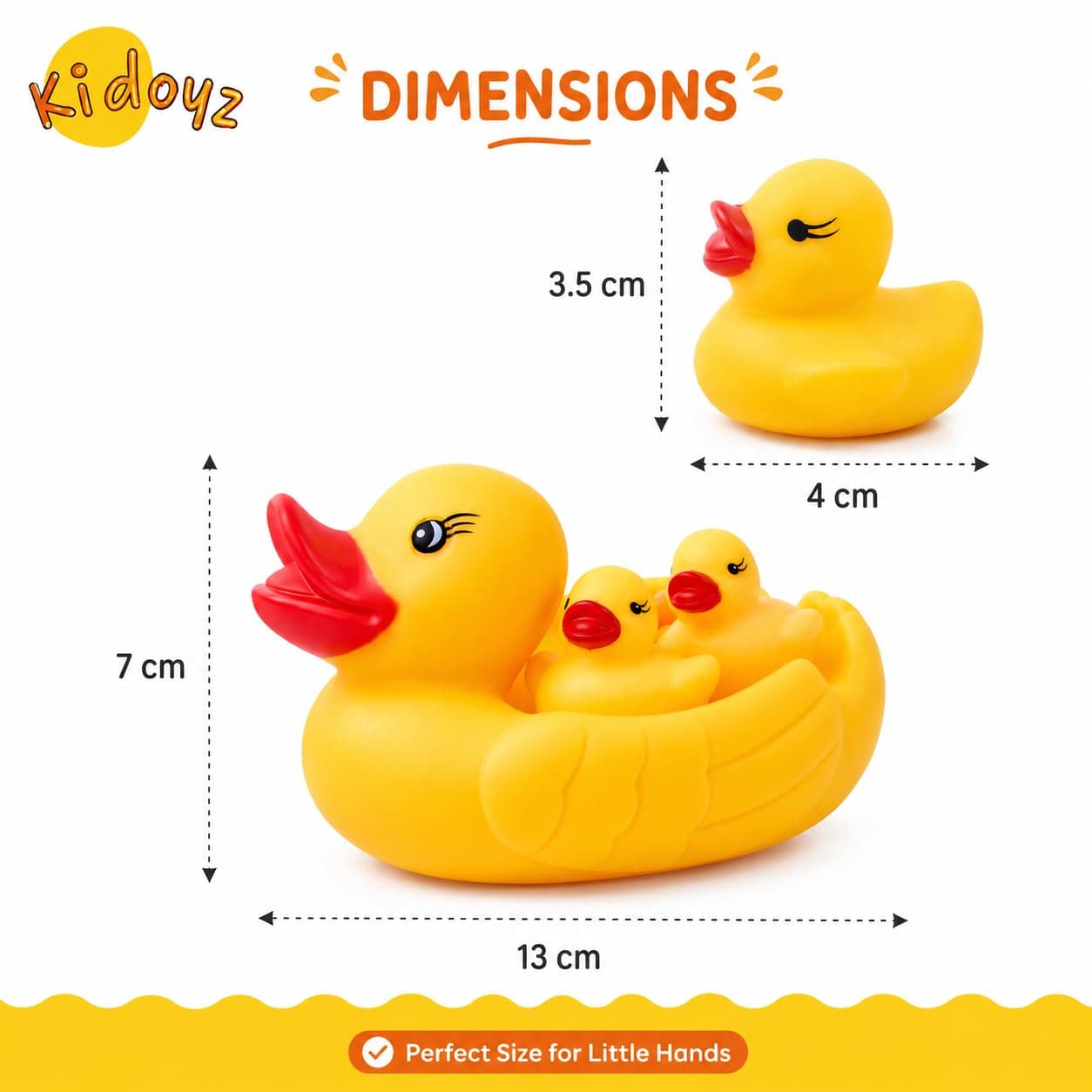 Kidoyz Chu Chu Duck Bath Toy Set for Kids | Floating Rubber Duck Family with Squeeze & Sound | BPA Free Safe Water Play Toy for Baby & Toddlers | Pack of 4 (1 Duck + 3 Ducklings) Yellow — view 2