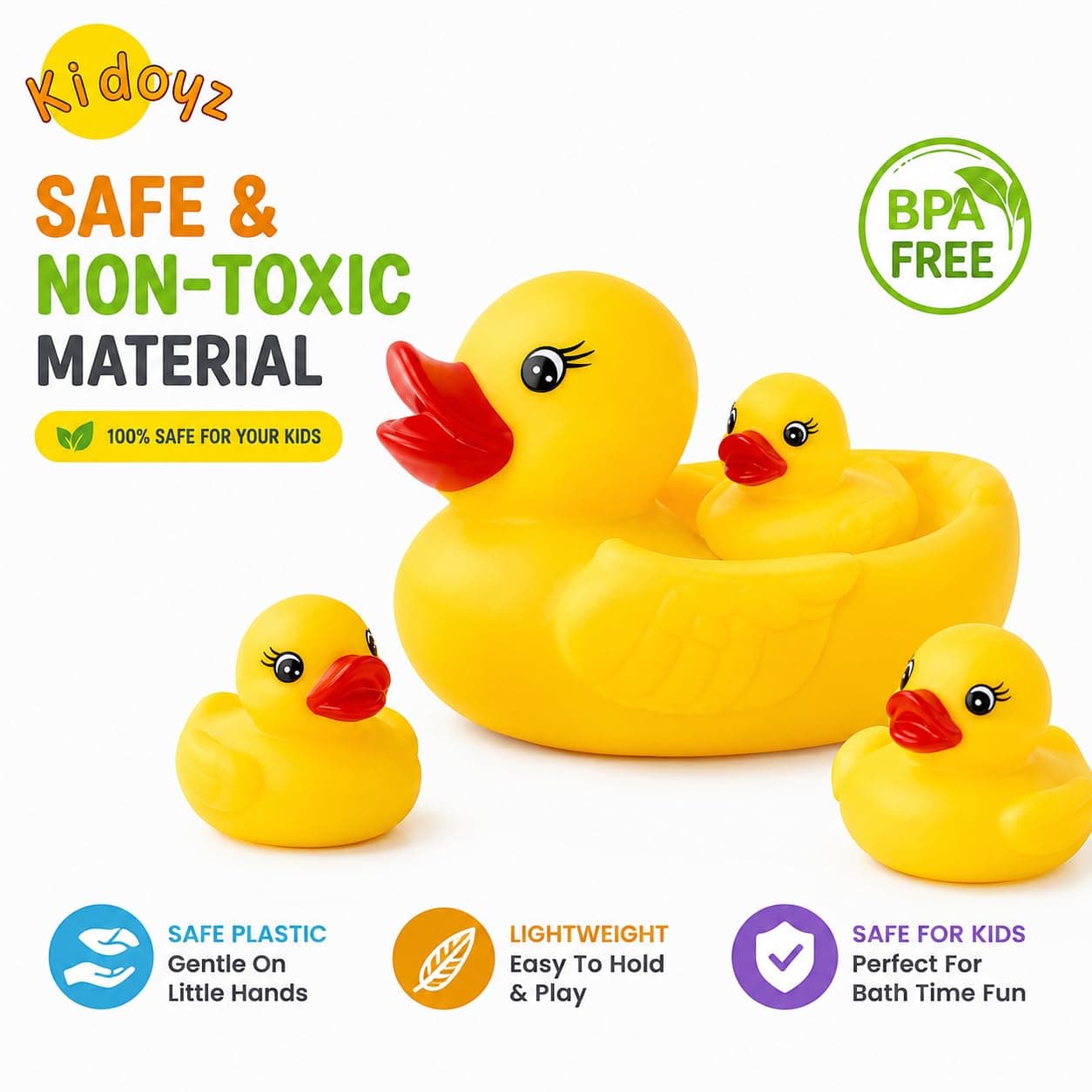 Kidoyz Chu Chu Duck Bath Toy Set for Kids | Floating Rubber Duck Family with Squeeze & Sound | BPA Free Safe Water Play Toy for Baby & Toddlers | Pack of 4 (1 Duck + 3 Ducklings) Yellow — view 3
