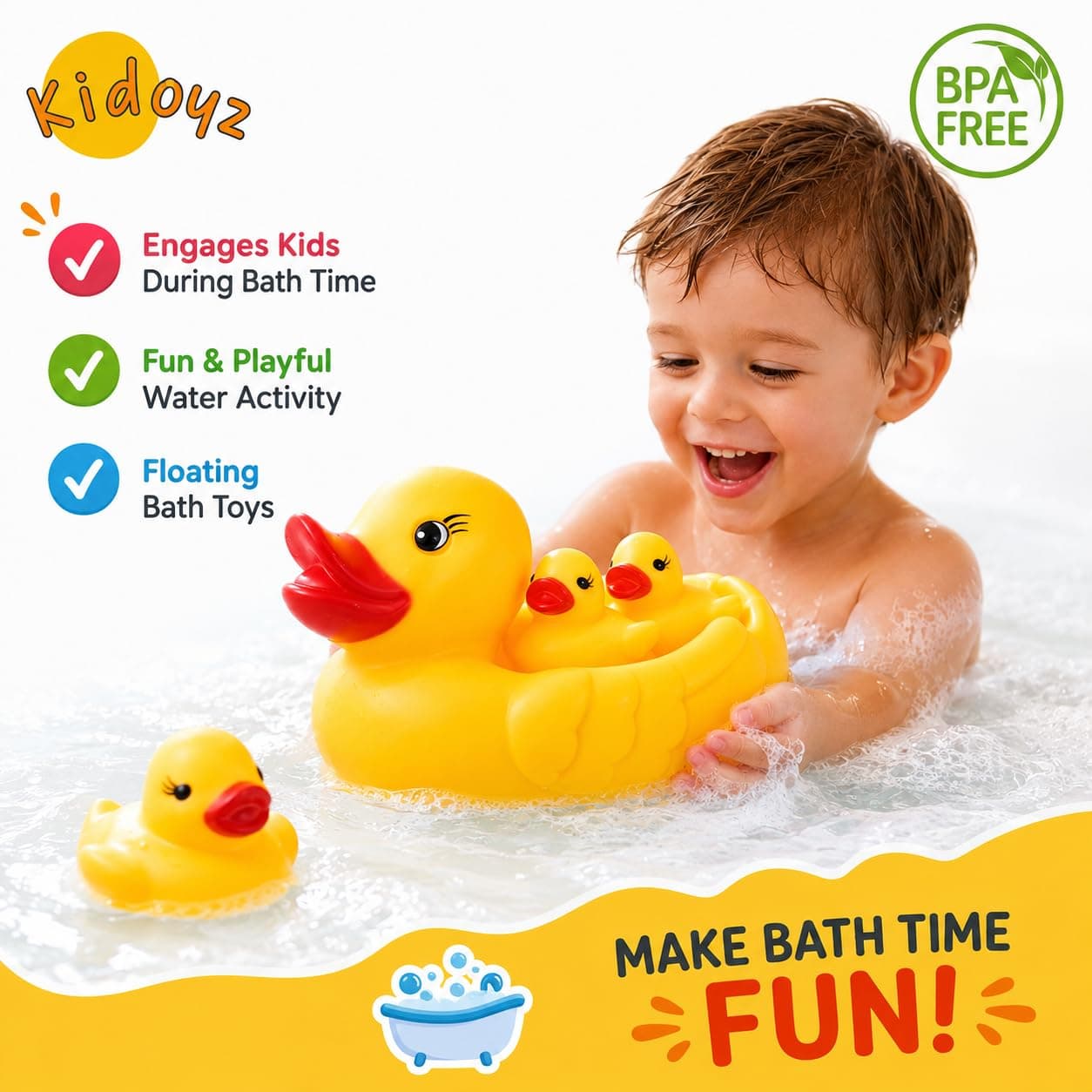 Kidoyz Chu Chu Duck Bath Toy Set for Kids | Floating Rubber Duck Family with Squeeze & Sound | BPA Free Safe Water Play Toy for Baby & Toddlers | Pack of 4 (1 Duck + 3 Ducklings) Yellow — view 4