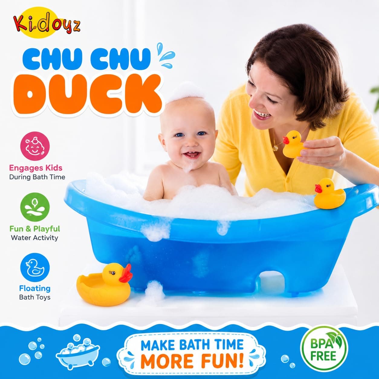 Kidoyz Chu Chu Duck Bath Toy Set for Kids | Floating Rubber Duck Family with Squeeze & Sound | BPA Free Safe Water Play Toy for Baby & Toddlers | Pack of 4 (1 Duck + 3 Ducklings) Yellow — view 5