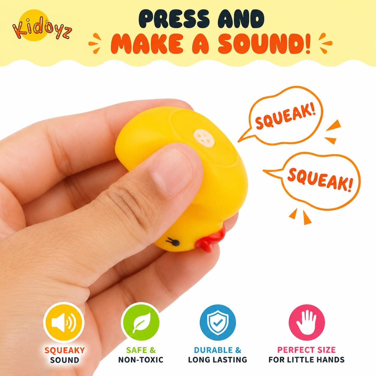 Kidoyz Chu Chu Duck Bath Toy Set for Kids | Floating Rubber Duck Family with Squeeze & Sound | BPA Free Safe Water Play Toy for Baby & Toddlers | Pack of 4 (1 Duck + 3 Ducklings) Yellow — view 6