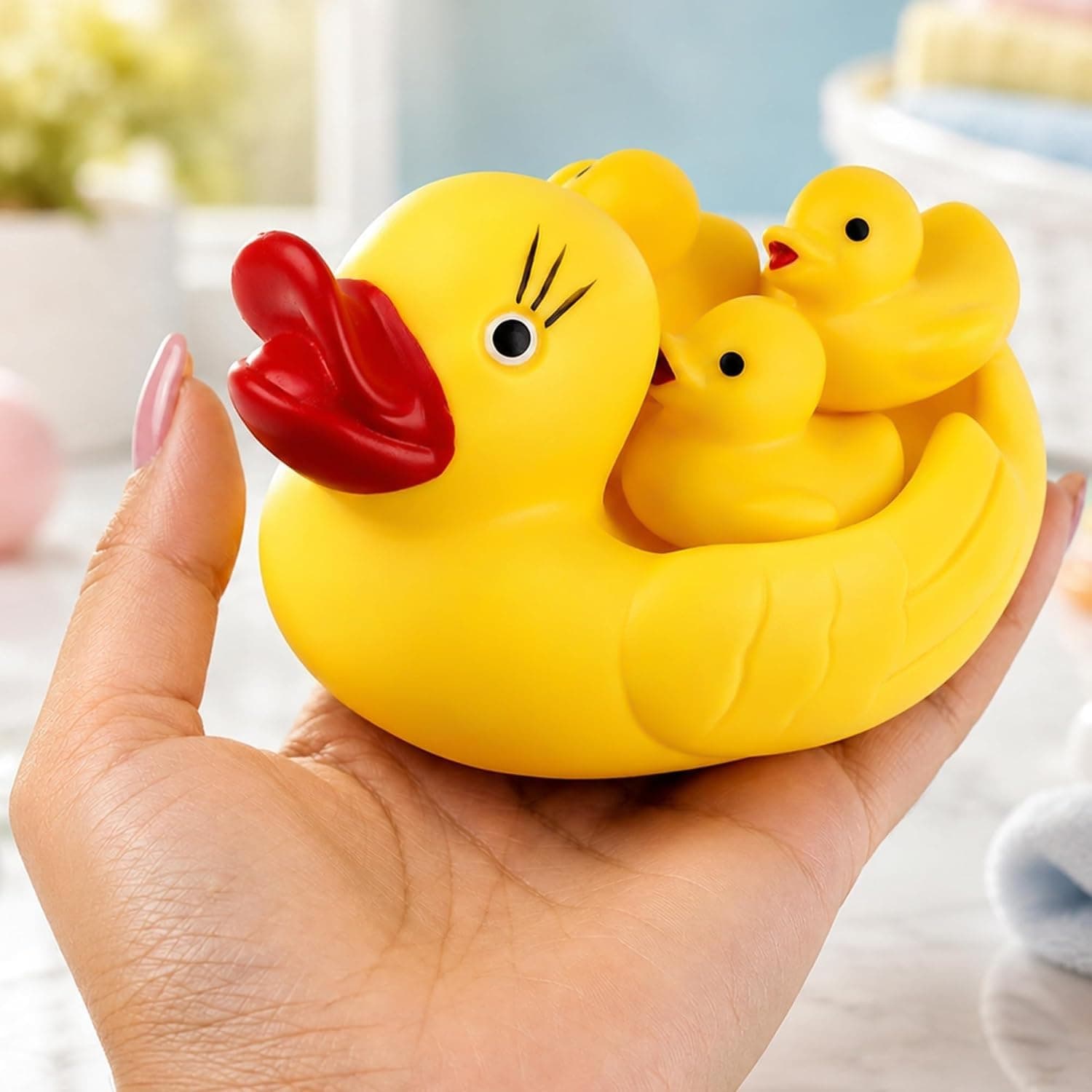 Kidoyz Chu Chu Duck Bath Toy Set for Kids | Floating Rubber Duck Family with Squeeze & Sound | BPA Free Safe Water Play Toy for Baby & Toddlers | Pack of 4 (1 Duck + 3 Ducklings) Yellow — view 7