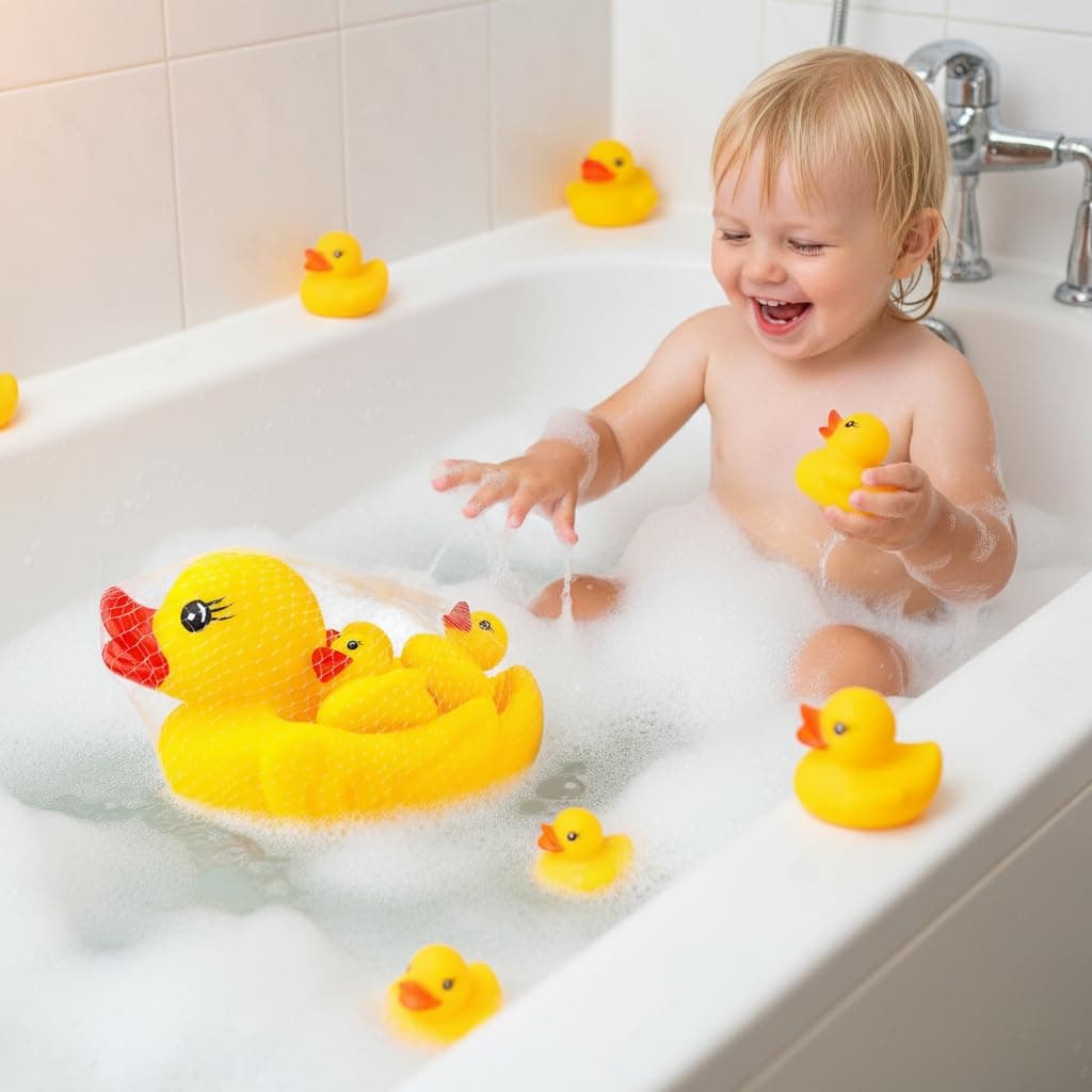 Kidoyz Chu Chu Duck Bath Toy Set for Kids | Floating Rubber Duck Family with Squeeze & Sound | BPA Free Safe Water Play Toy for Baby & Toddlers | Pack of 4 (1 Duck + 3 Ducklings) Yellow — view 8