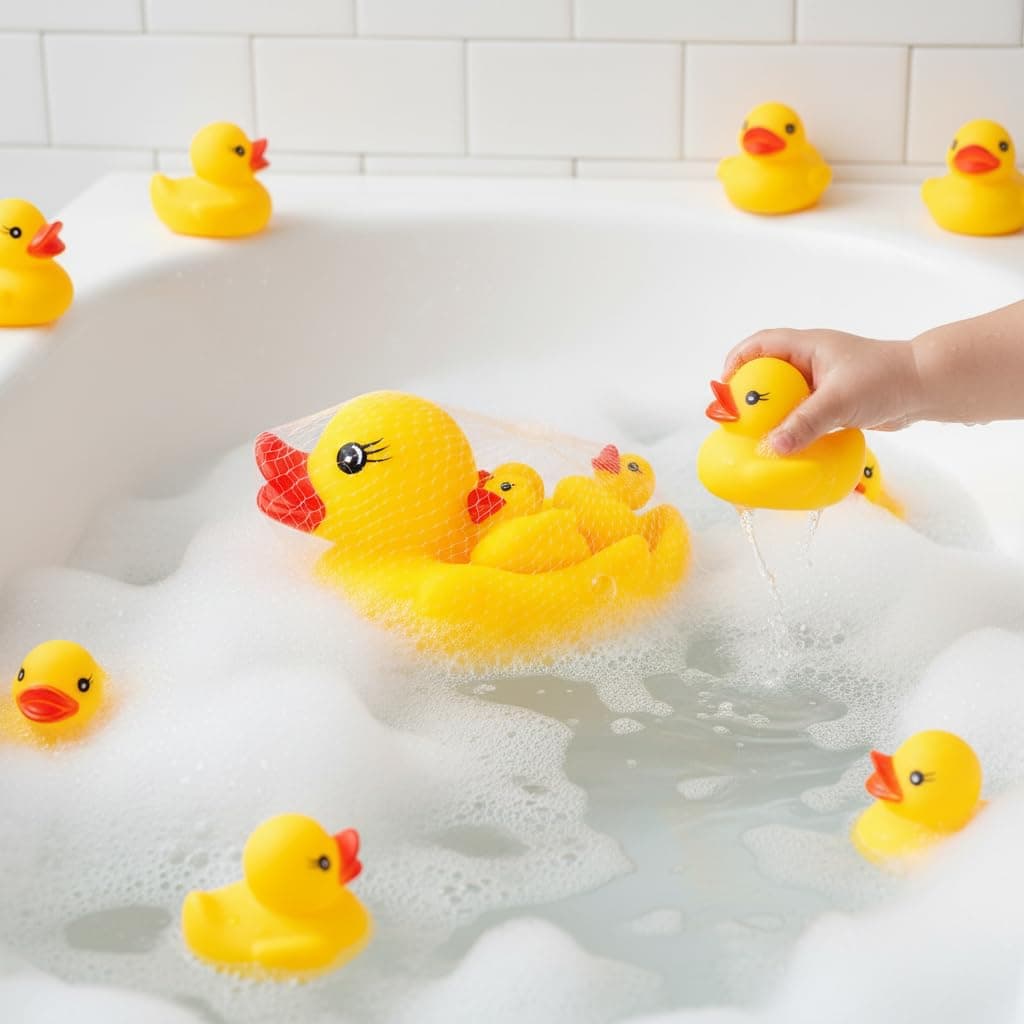 Kidoyz Chu Chu Duck Bath Toy Set for Kids | Floating Rubber Duck Family with Squeeze & Sound | BPA Free Safe Water Play Toy for Baby & Toddlers | Pack of 4 (1 Duck + 3 Ducklings) Yellow — view 9